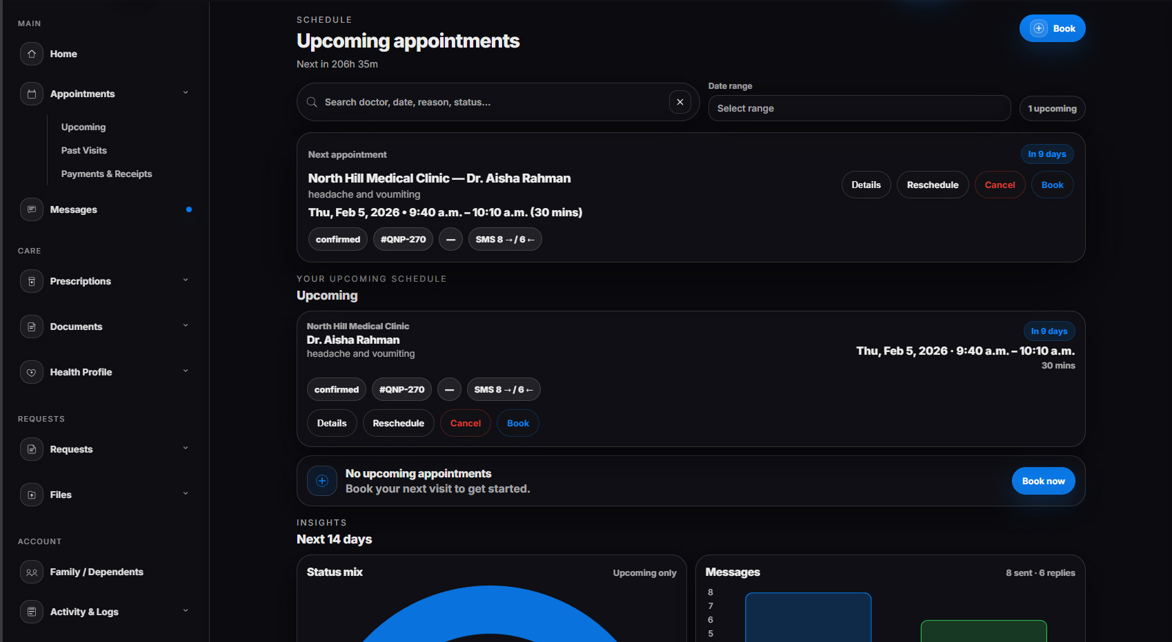 Patient Portal preview showing upcoming appointments and actions