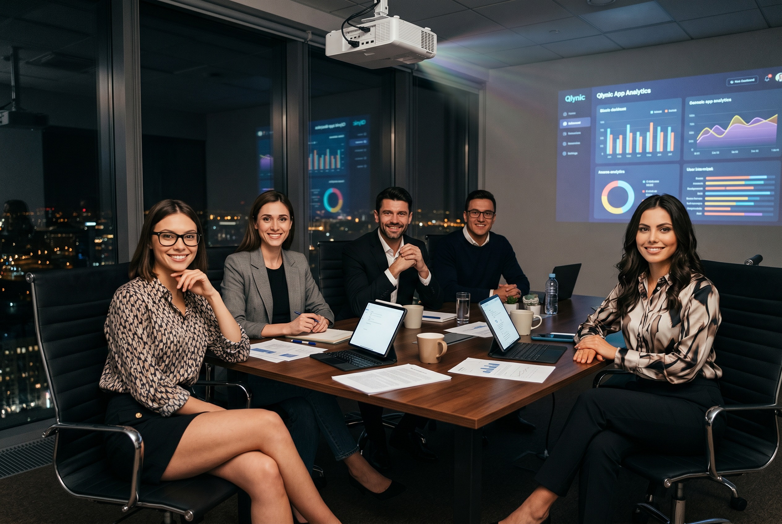 Qlynic team in a working session, reviewing platform analytics