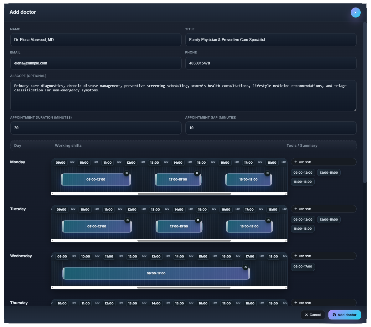 Doctor form with weekly timeline and added shifts