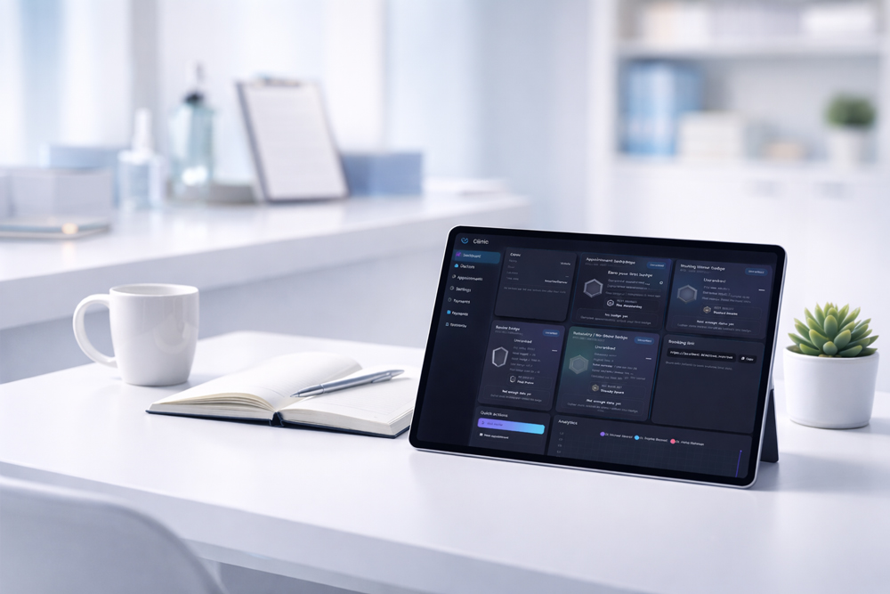 Tablet on a clean counter showing the Qlynic clinic dashboard