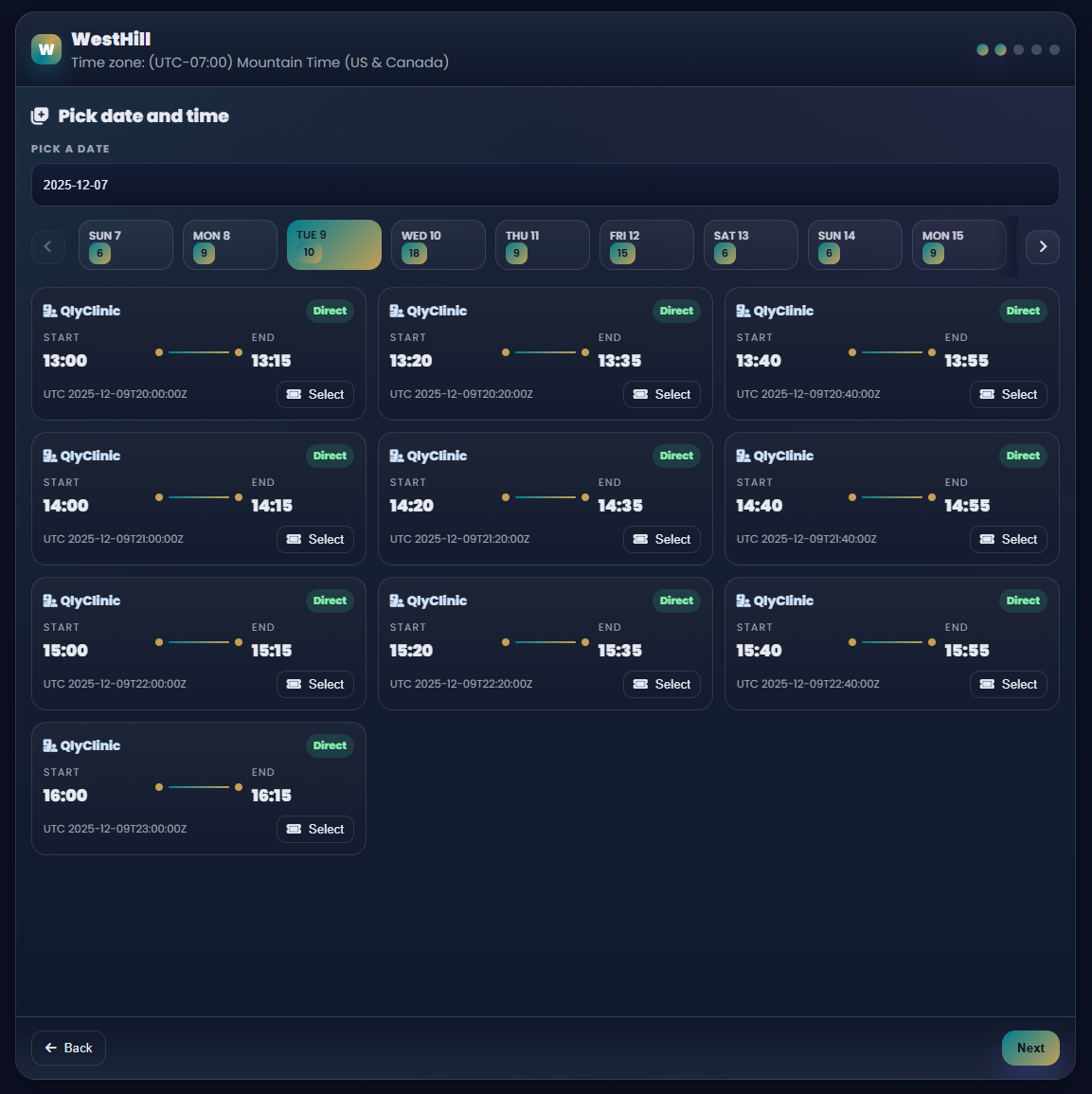 Patient book page with available time slots