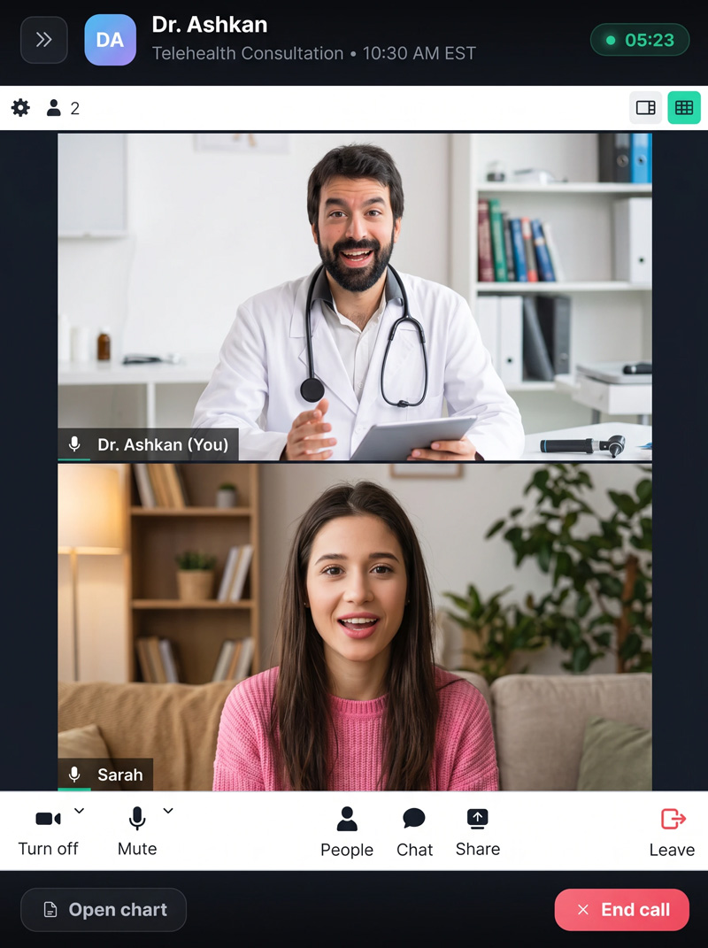 Qlynic telehealth video visit · patient view with doctor in corner thumbnail